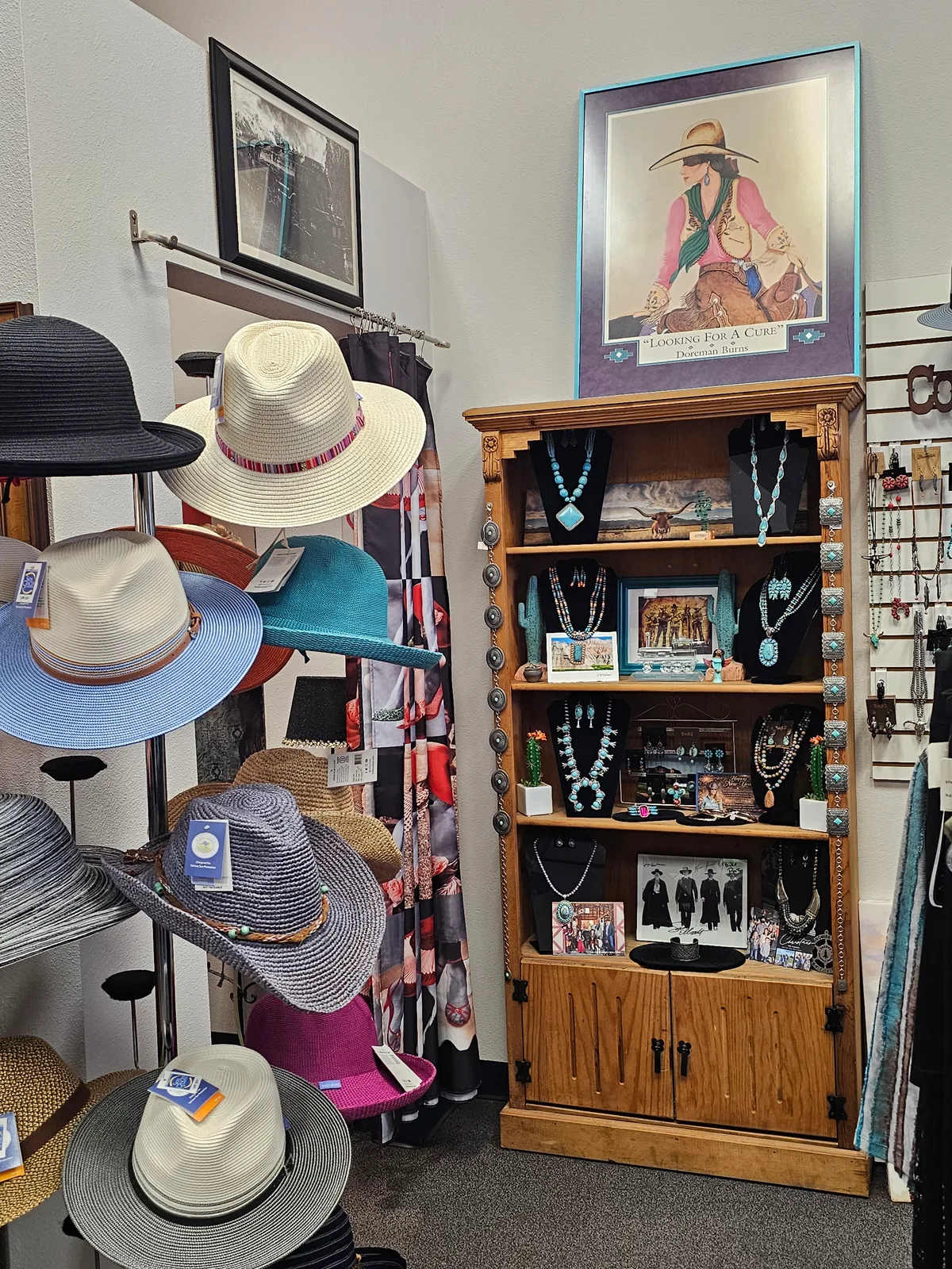 Hats and accessories on display at Linda's shop