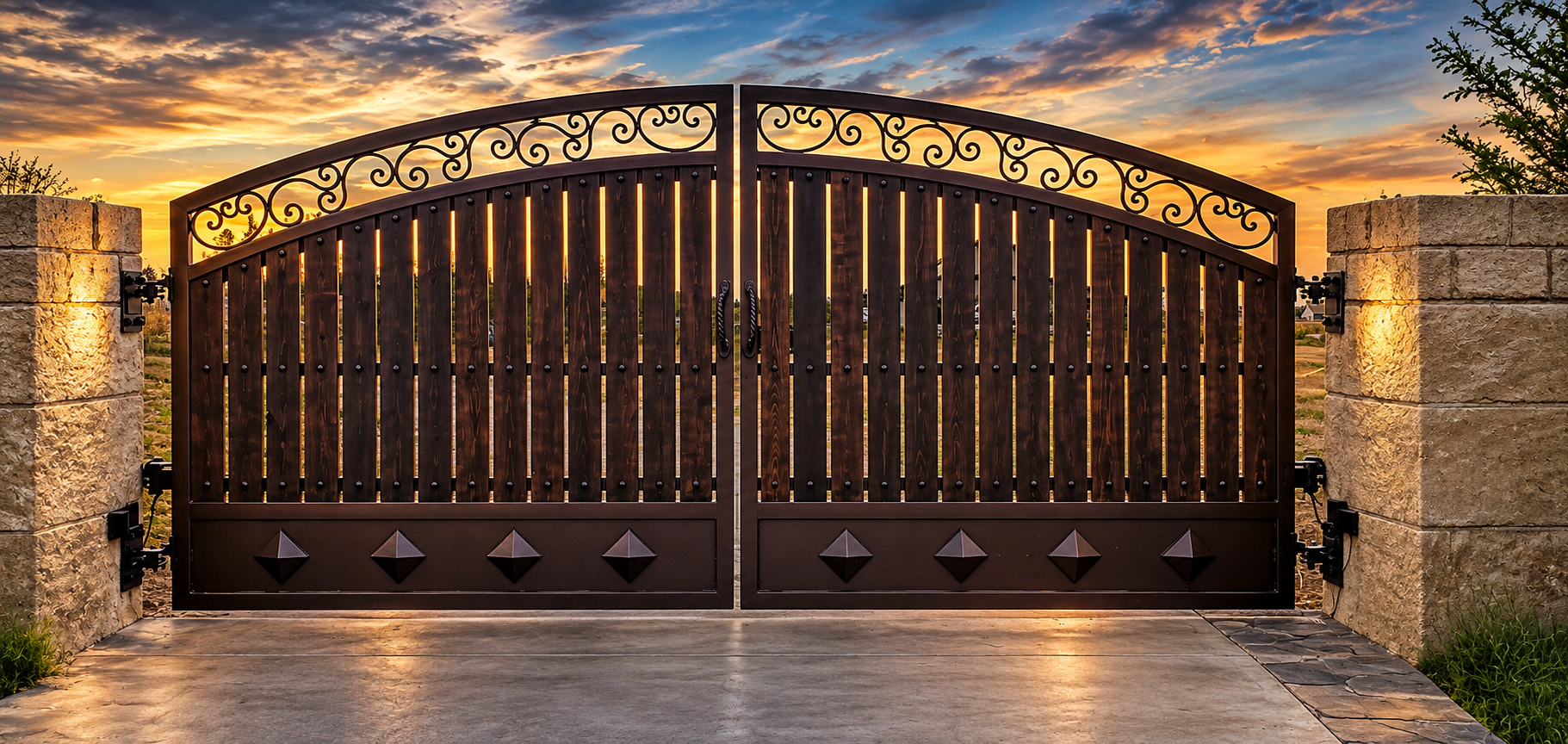 Wrought iron driveway gate with scrollwork on top and solar lights above