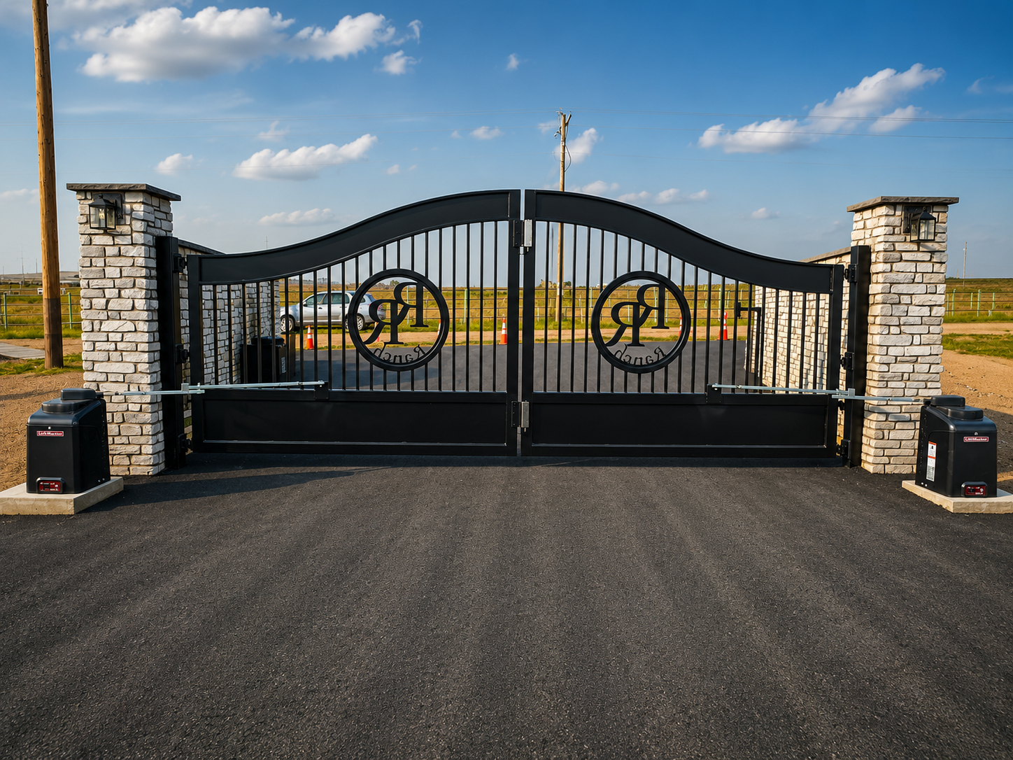 Black automatic ranch gate between large stone entry monuments